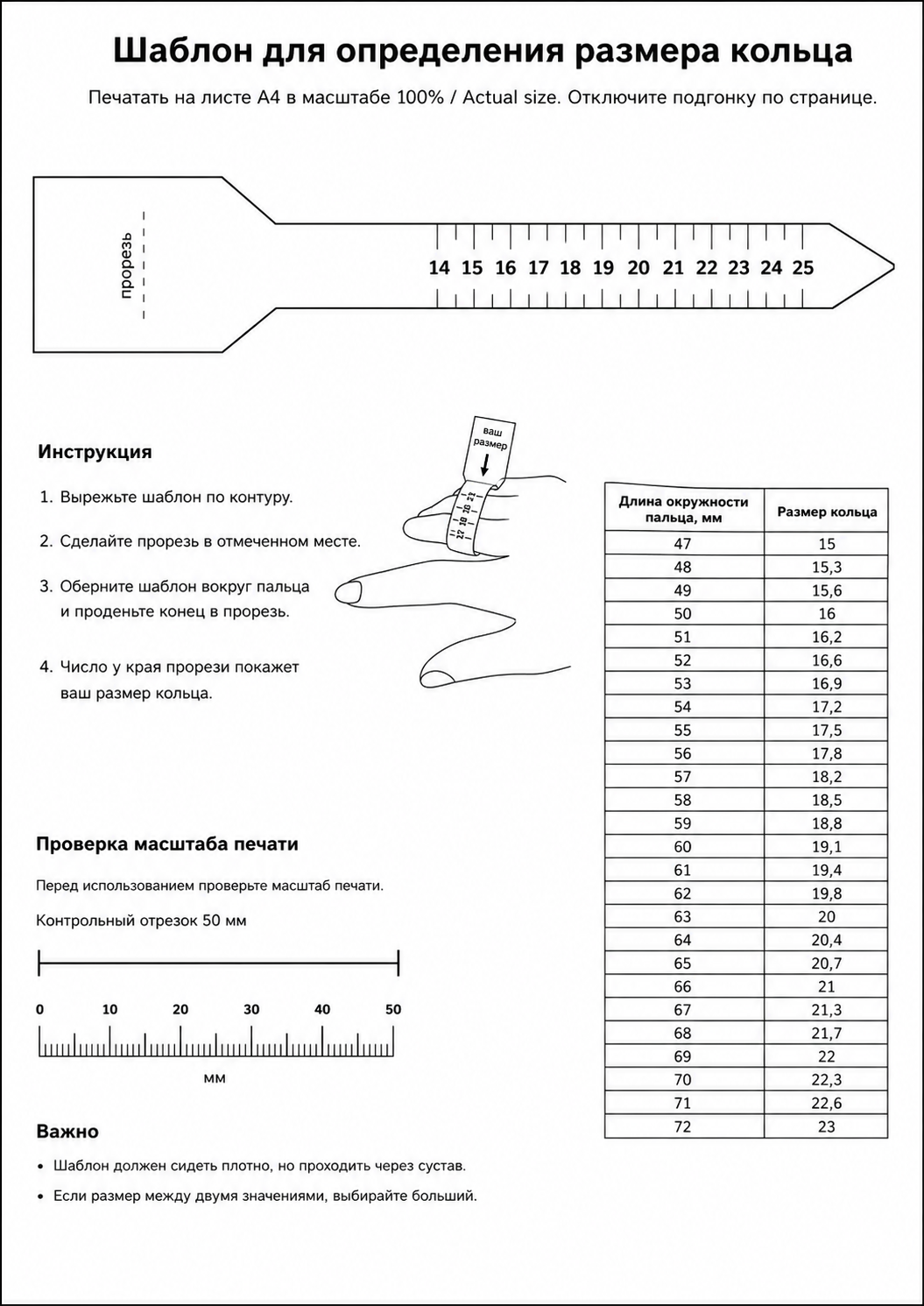 Шаблон-полоска для определения размера кольца и таблица соответствия длины окружности пальца размеру